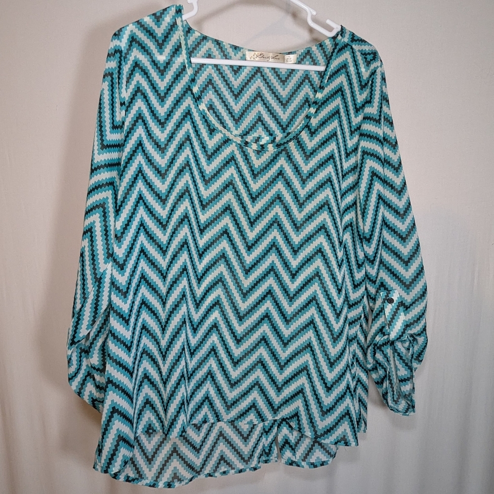 Liberty Love Herring Bone Striped Blue White Black Long Sleeve Top Back Detail